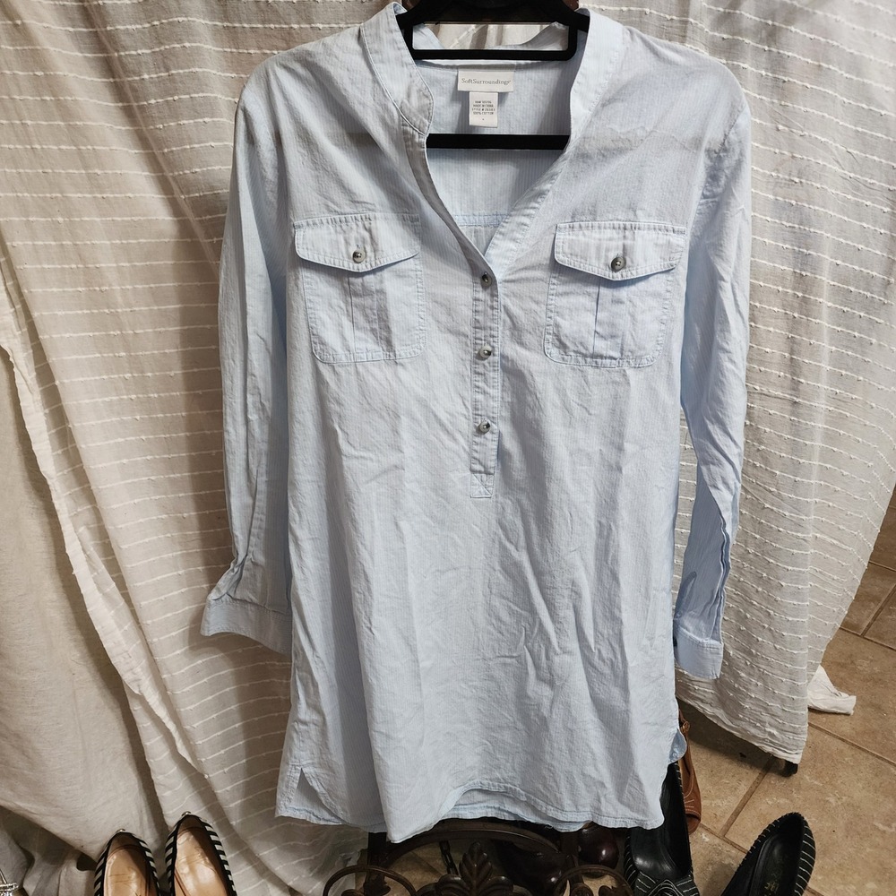 Soft Surroundings Blue White Striped Cotton Tunic Top Shirt Small 26343